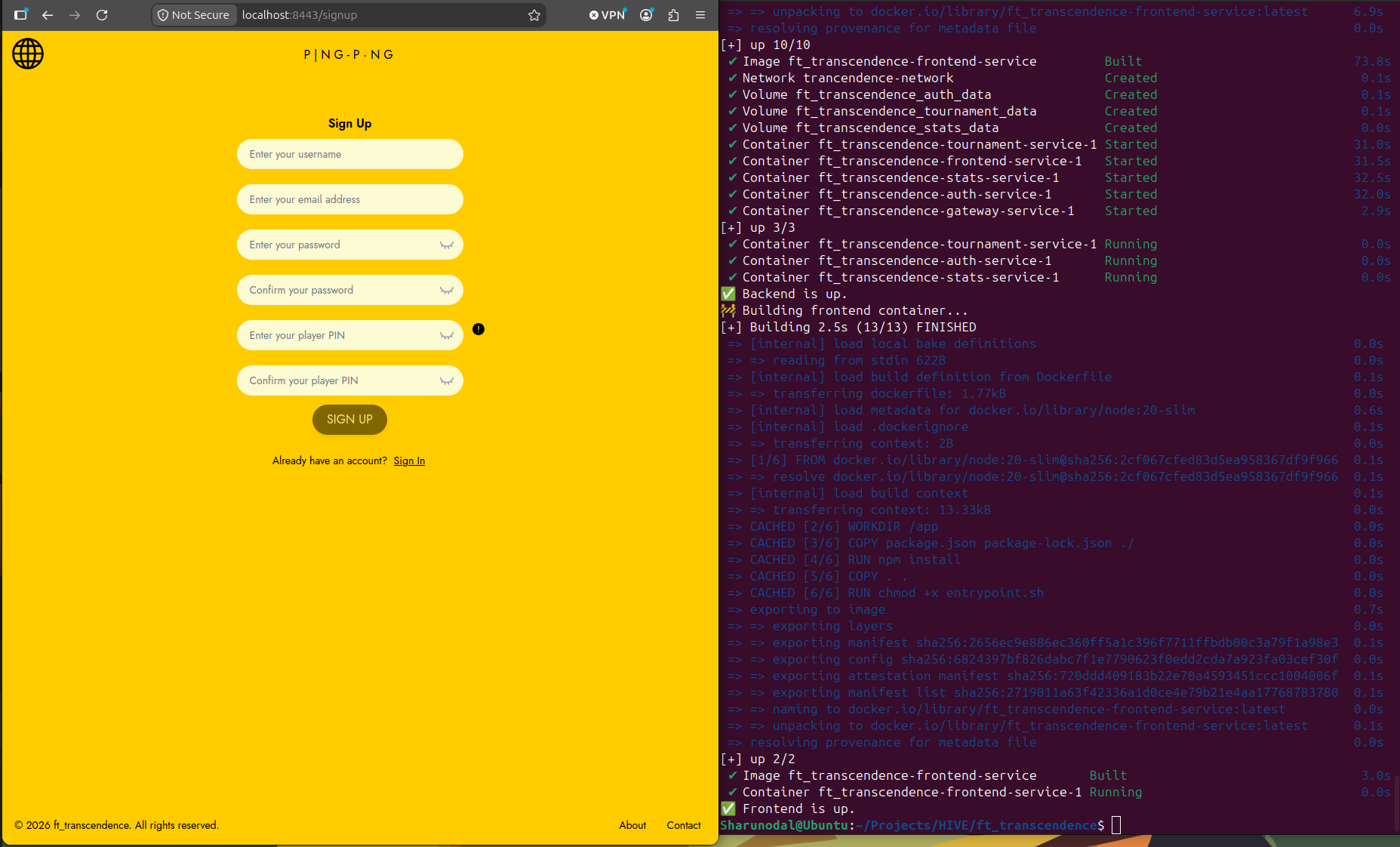 Account registration form for username, email, password, and player PIN beside the running Docker services.